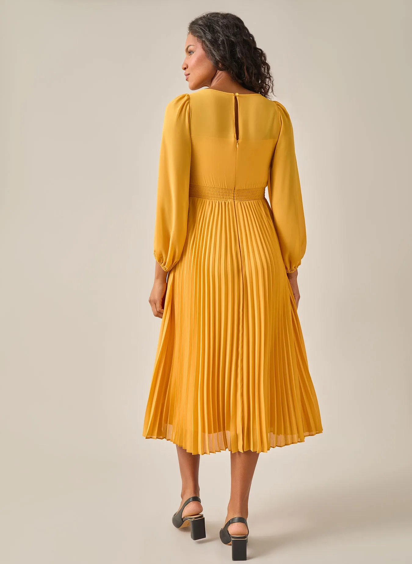 A-Line Balloon Sleeve Midi Dress, Gold Signature