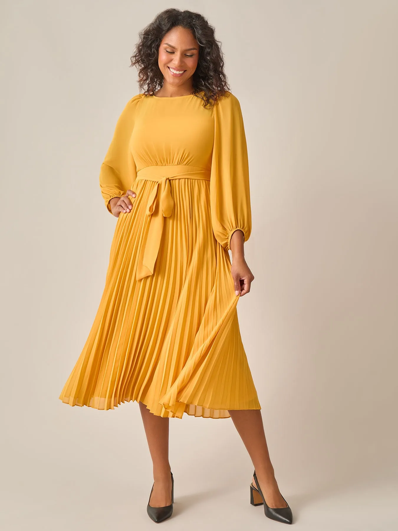 A-Line Balloon Sleeve Midi Dress, Gold Signature