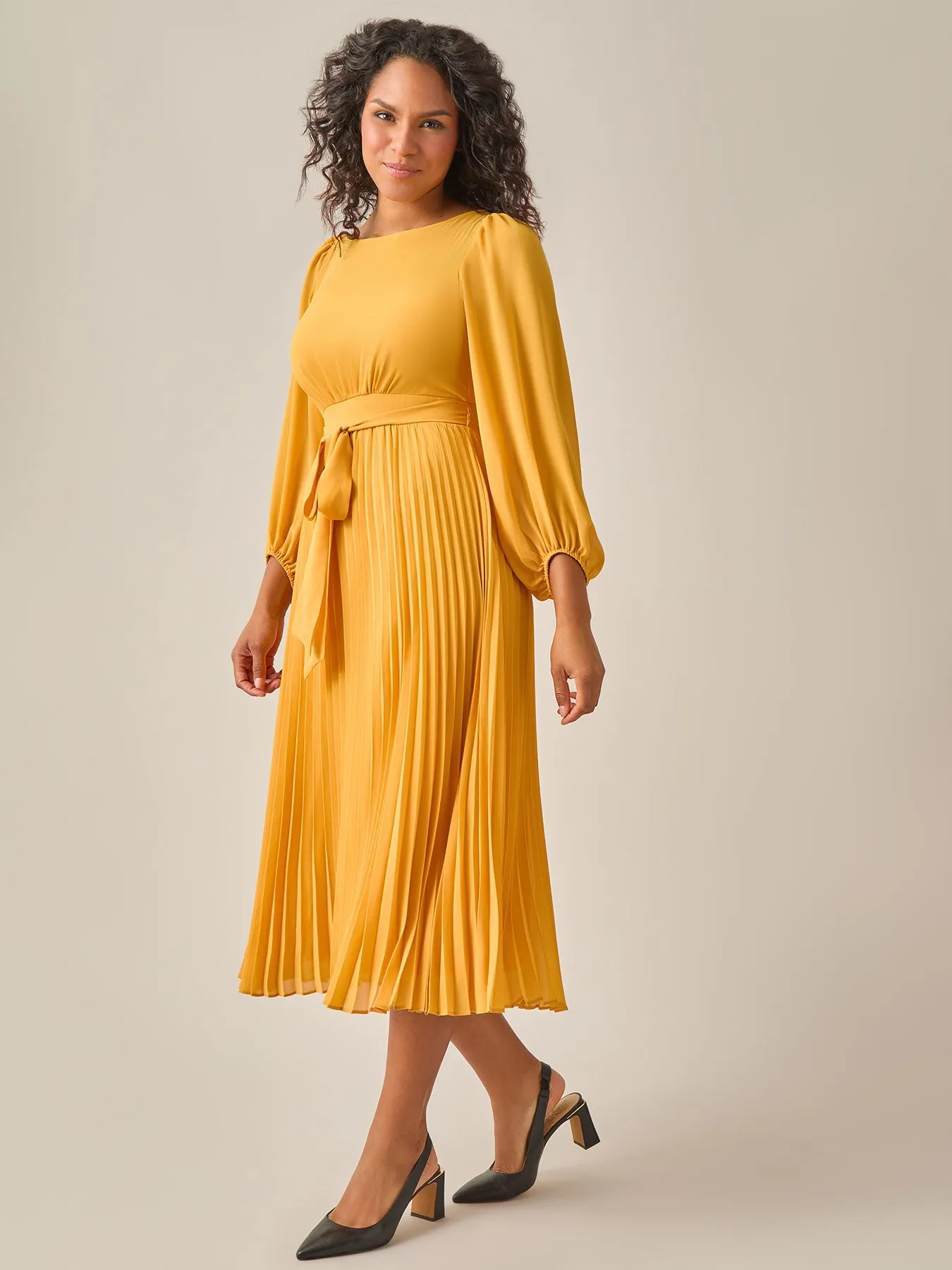 A-Line Balloon Sleeve Midi Dress, Gold Signature