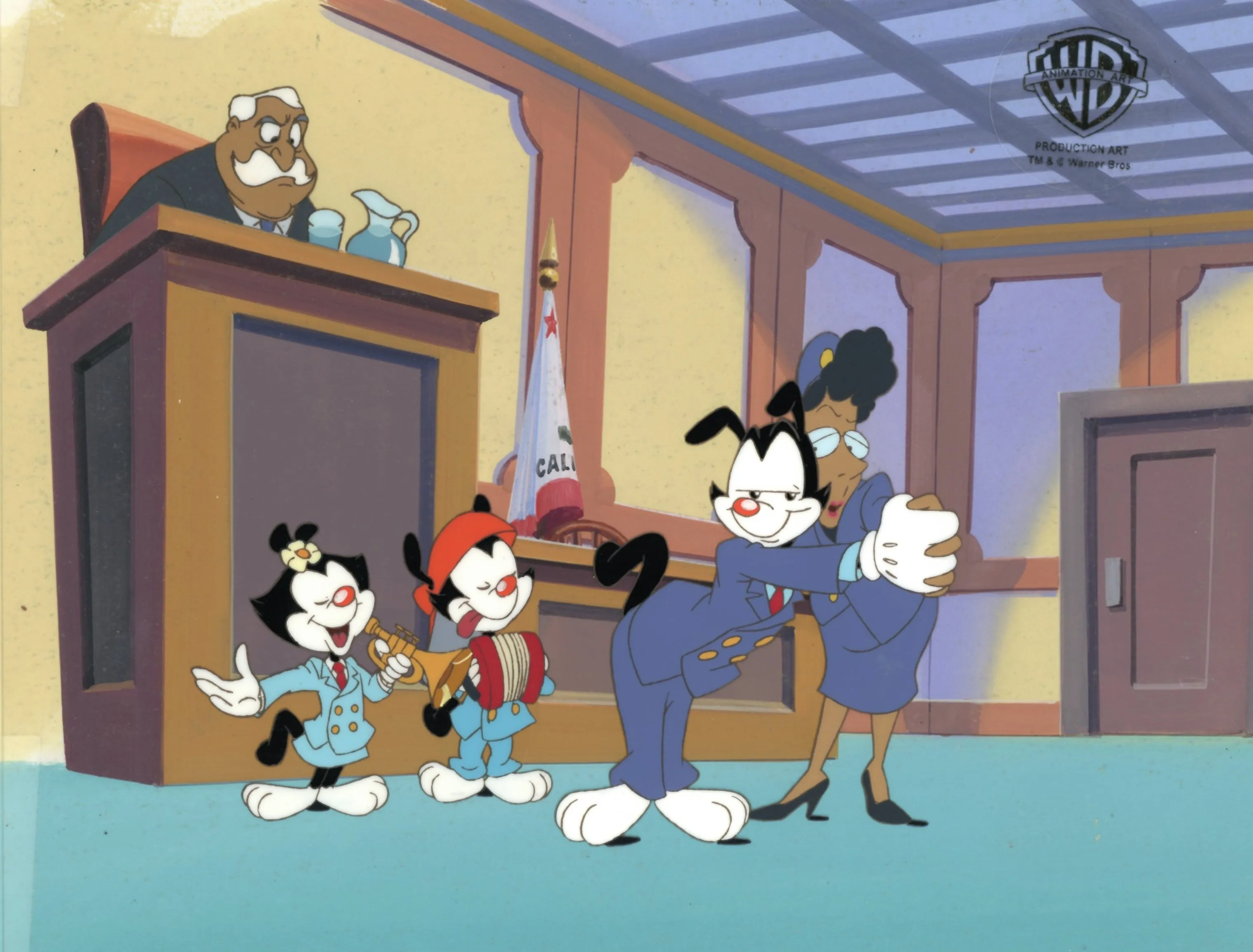 Animaniacs Original Production Cel on Original Background: Yakko, Wakko, Dot