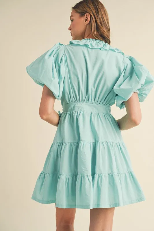 Aqua Blue Ruffled Surplice Tiered Mini Dress