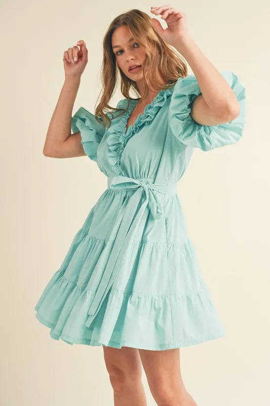 Aqua Blue Ruffled Surplice Tiered Mini Dress