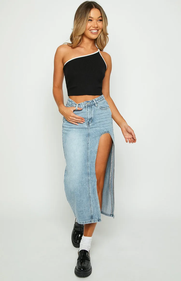 Aysha Cutout Blue Denim Midi Skirt