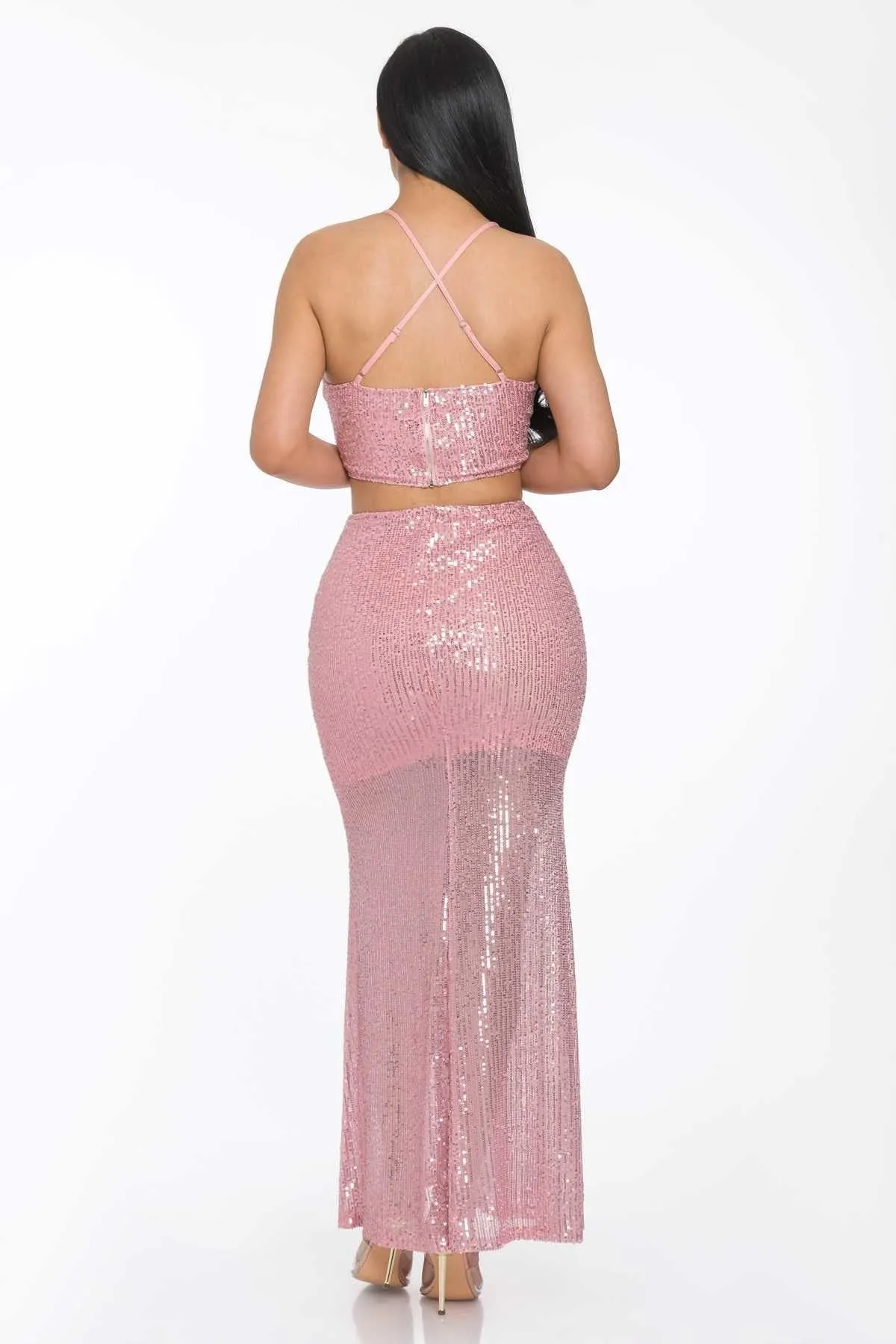 Baby Pink Sexy Back Sequin Maxi Dress