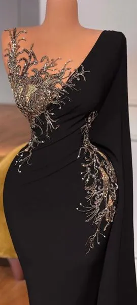 Beautiful Long Black Mermaid Beading Lace Prom Dress