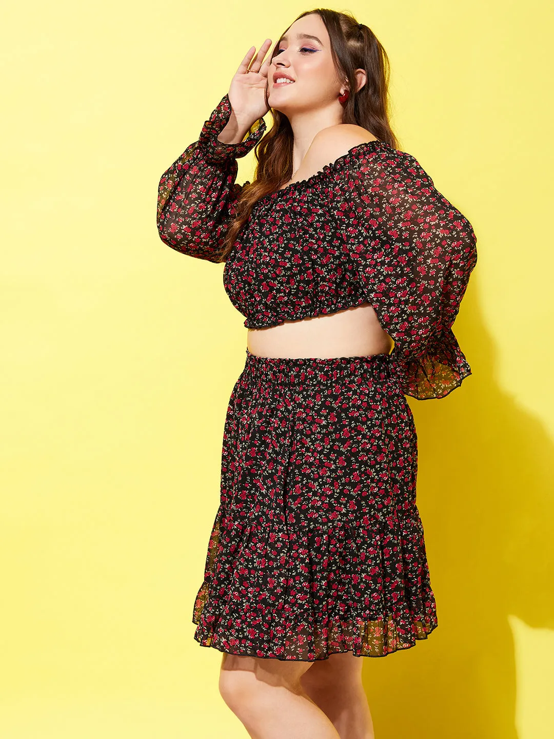 Berrylush Women Plus Size Black & Red Floral Printed Off-Shoulder Neck Slip-On Ruffled Crop Top & Mini Skirt Co-Ord Set