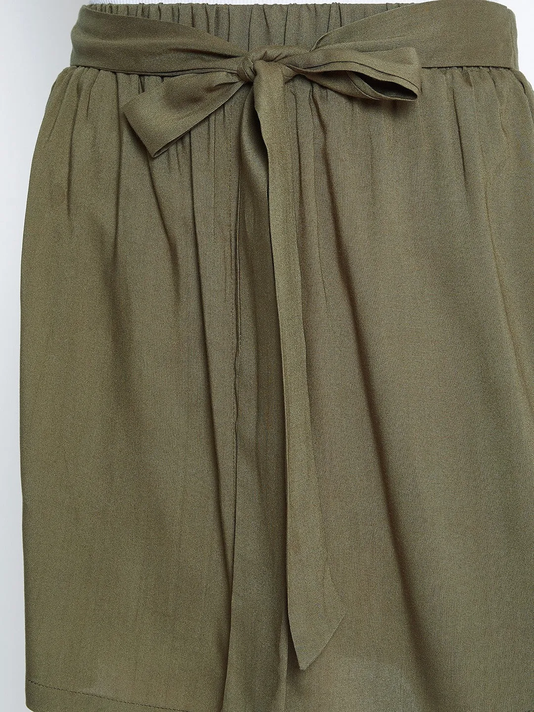 Berrylush Women Solid Olive Green Tie-Up Elastic Waist Viscose Rayon Slip-On Flared Mini Skirt