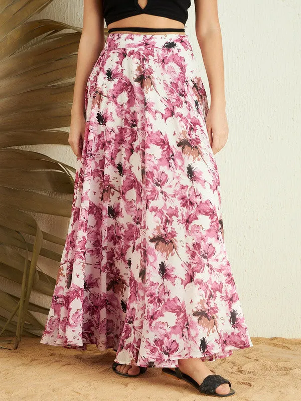 Berrylush Women White & Pink Floral Printed High-Rise Waist Slip-On Pleated A-Line Maxi Skirt