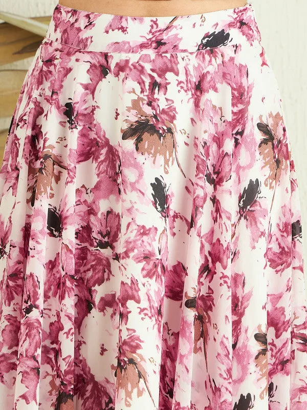 Berrylush Women White & Pink Floral Printed High-Rise Waist Slip-On Pleated A-Line Maxi Skirt