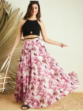 Berrylush Women White & Pink Floral Printed High-Rise Waist Slip-On Pleated A-Line Maxi Skirt