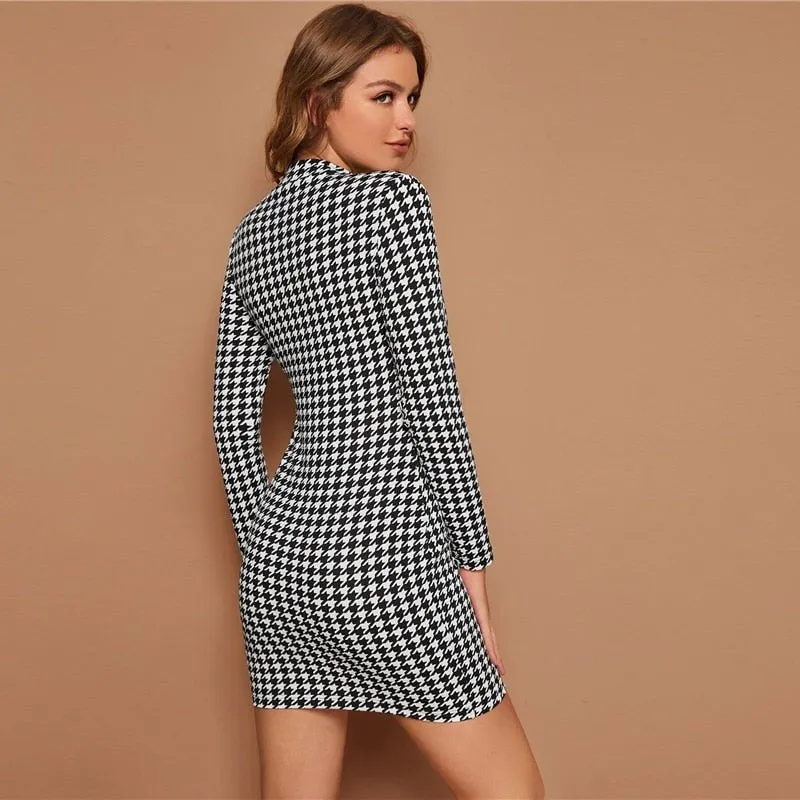 Black And White Mock Neck Houndstooth Print Bodycon Dress Women Spring Autumn Long Sleeve Elegant Pencil Fitted Dresses