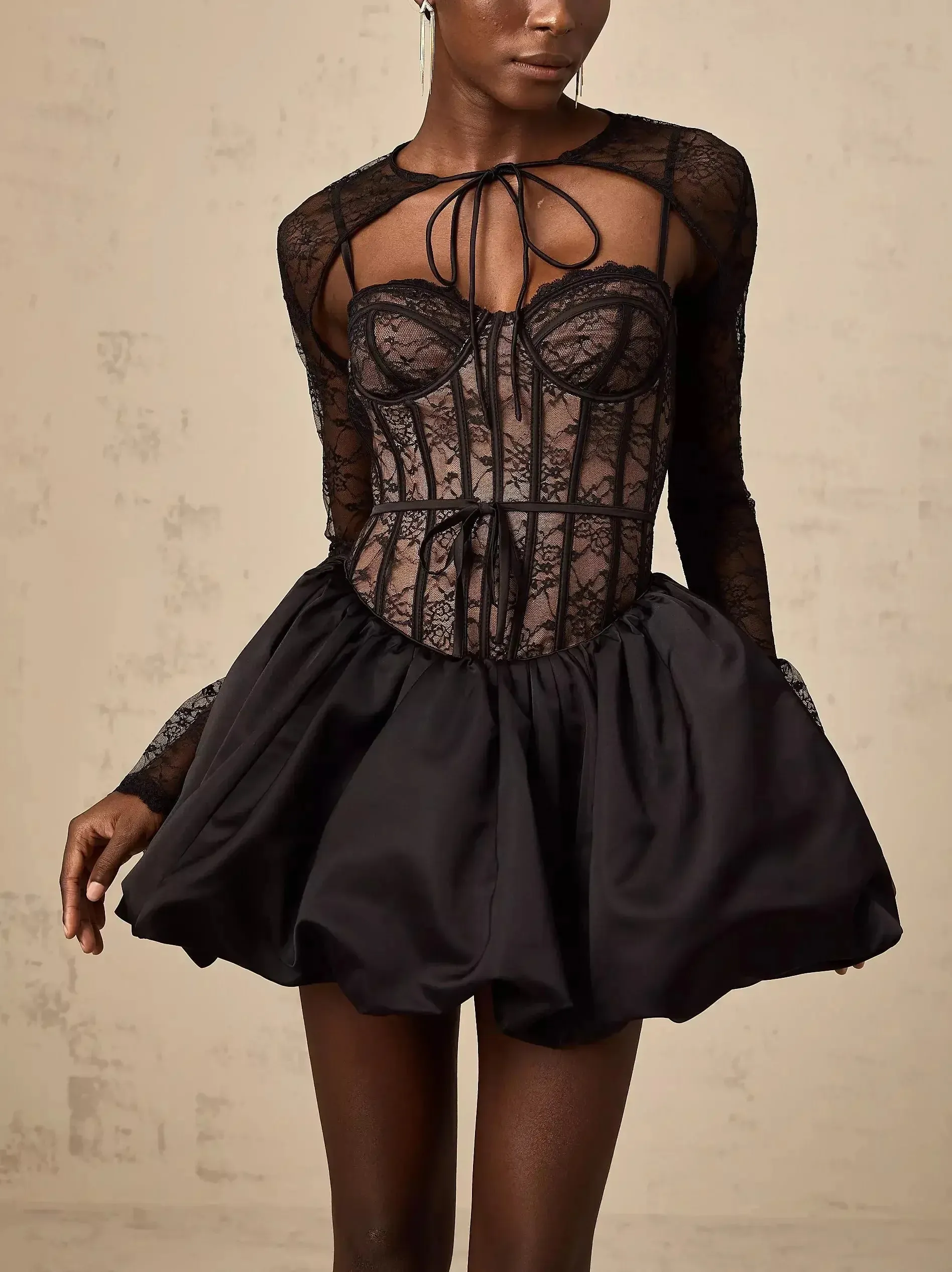 Black Lace Corset Style Flared Mini Dress with Bolero Jacket