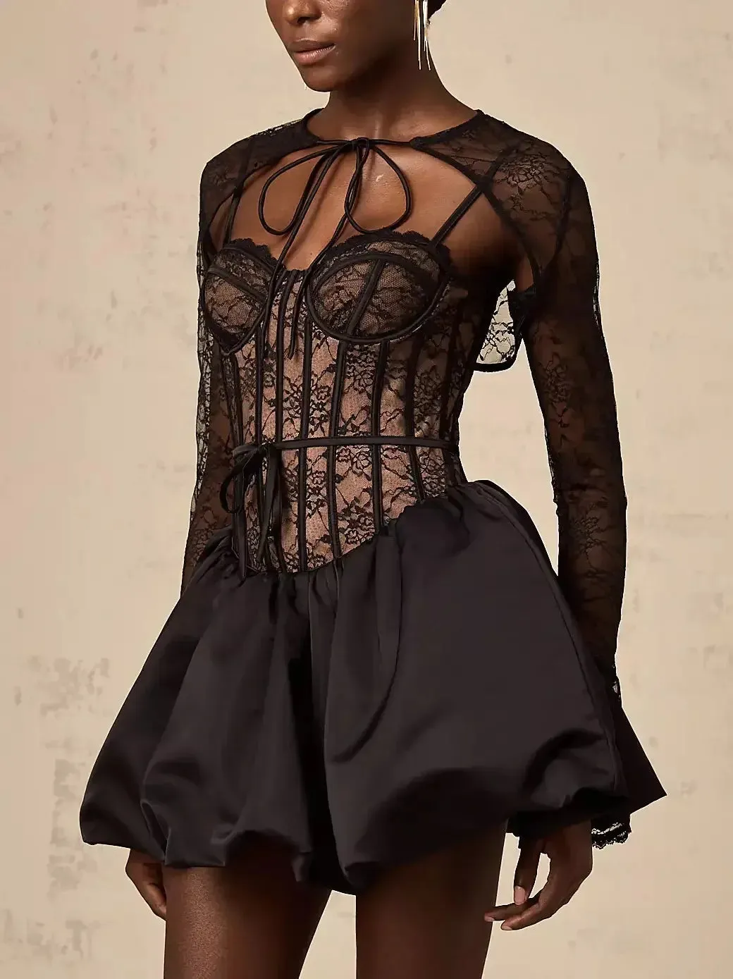 Black Lace Corset Style Flared Mini Dress with Bolero Jacket