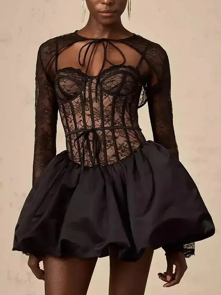 Black Lace Corset Style Flared Mini Dress with Bolero Jacket