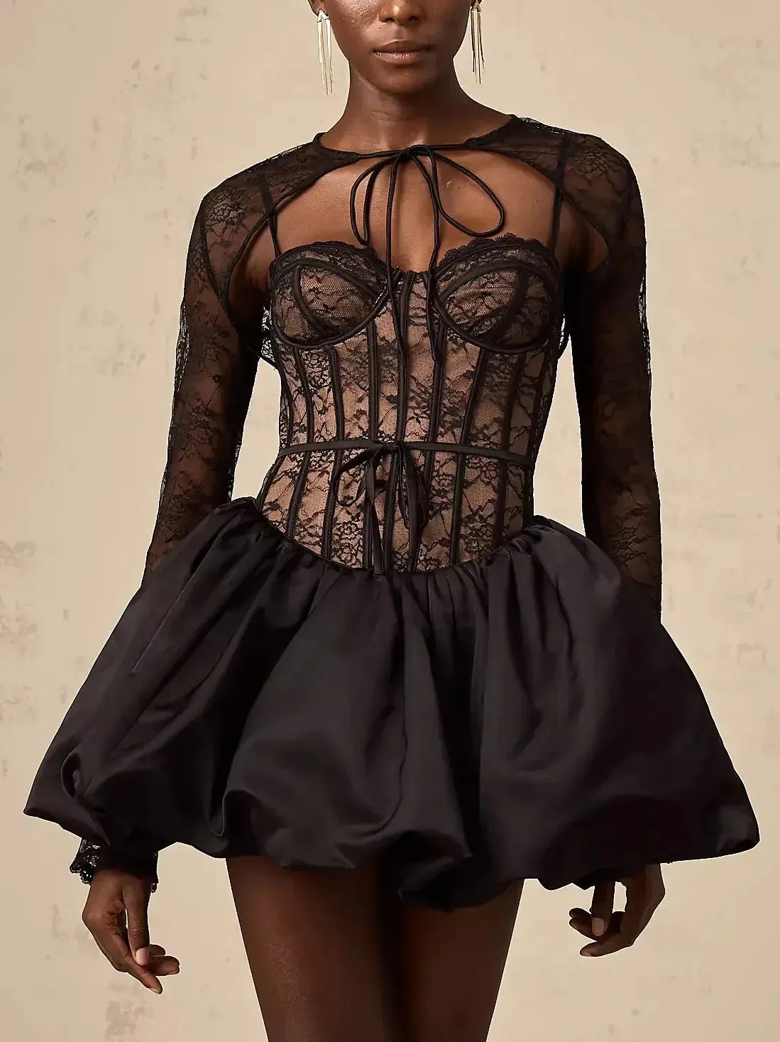 Black Lace Corset Style Flared Mini Dress with Bolero Jacket