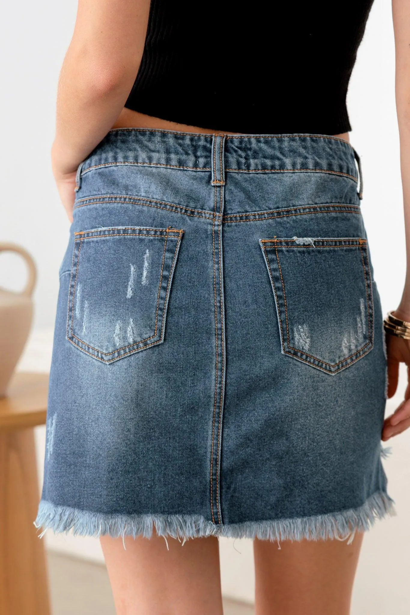 Blue Distressed Button Down Ripped Denim Mini Skirt