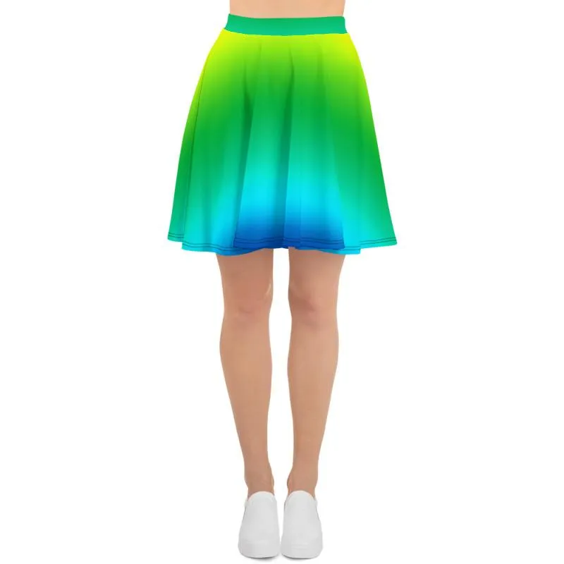 Blue Green Rainbow Skater Skirt, Ombre Print Women's Mid-Thigh Soft Skater Skirt- Made in USA/EU