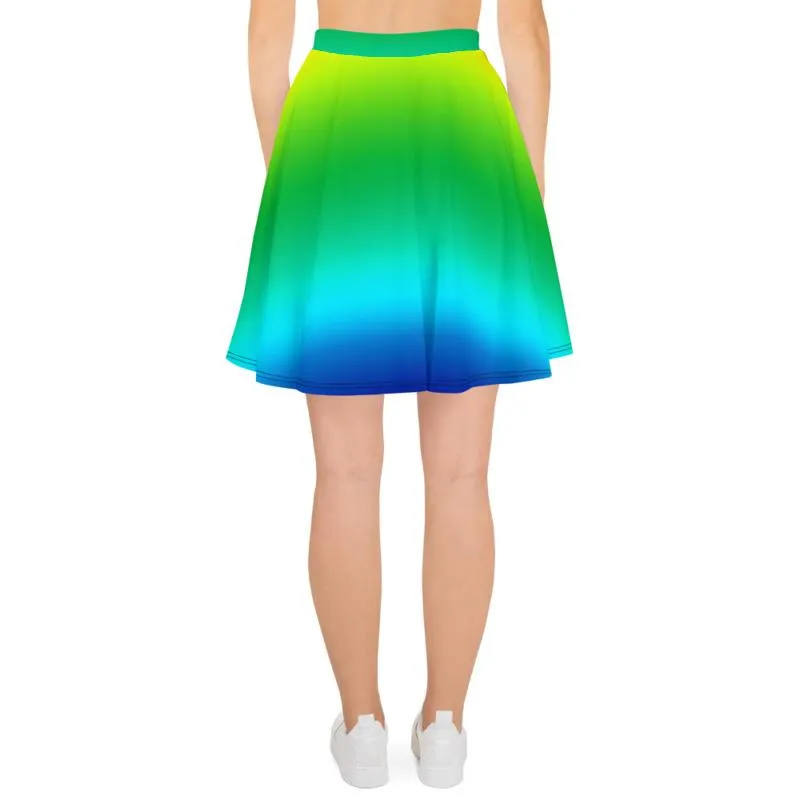 Blue Green Rainbow Skater Skirt, Ombre Print Women's Mid-Thigh Soft Skater Skirt- Made in USA/EU