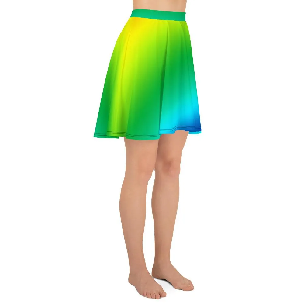 Blue Green Rainbow Skater Skirt, Ombre Print Women's Mid-Thigh Soft Skater Skirt- Made in USA/EU