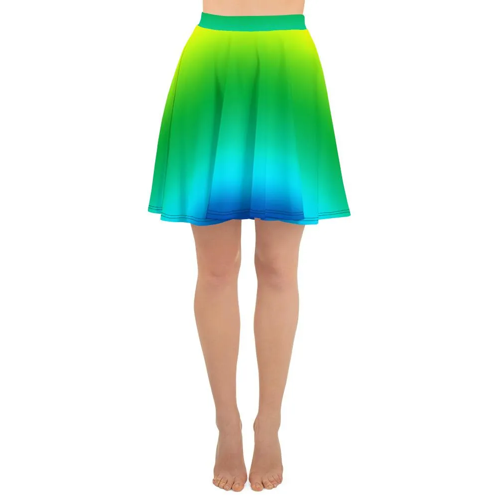 Blue Green Rainbow Skater Skirt, Ombre Print Women's Mid-Thigh Soft Skater Skirt- Made in USA/EU