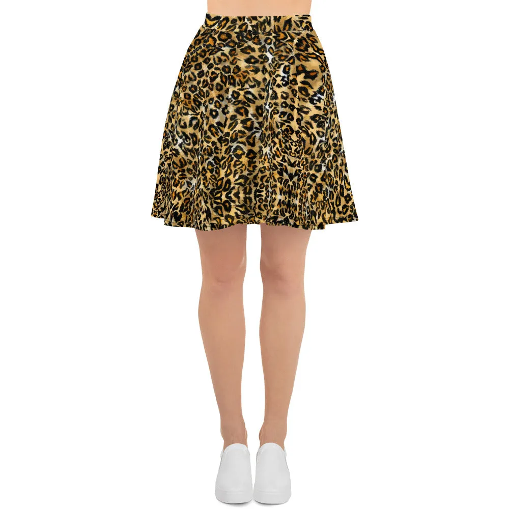 Brown Leopard Skater Skirt, Animal Print Women's A-Line Tennis Skater Skirt-Made in USA/EU