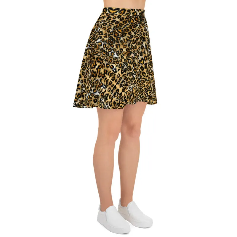 Brown Leopard Skater Skirt, Animal Print Women's A-Line Tennis Skater Skirt-Made in USA/EU