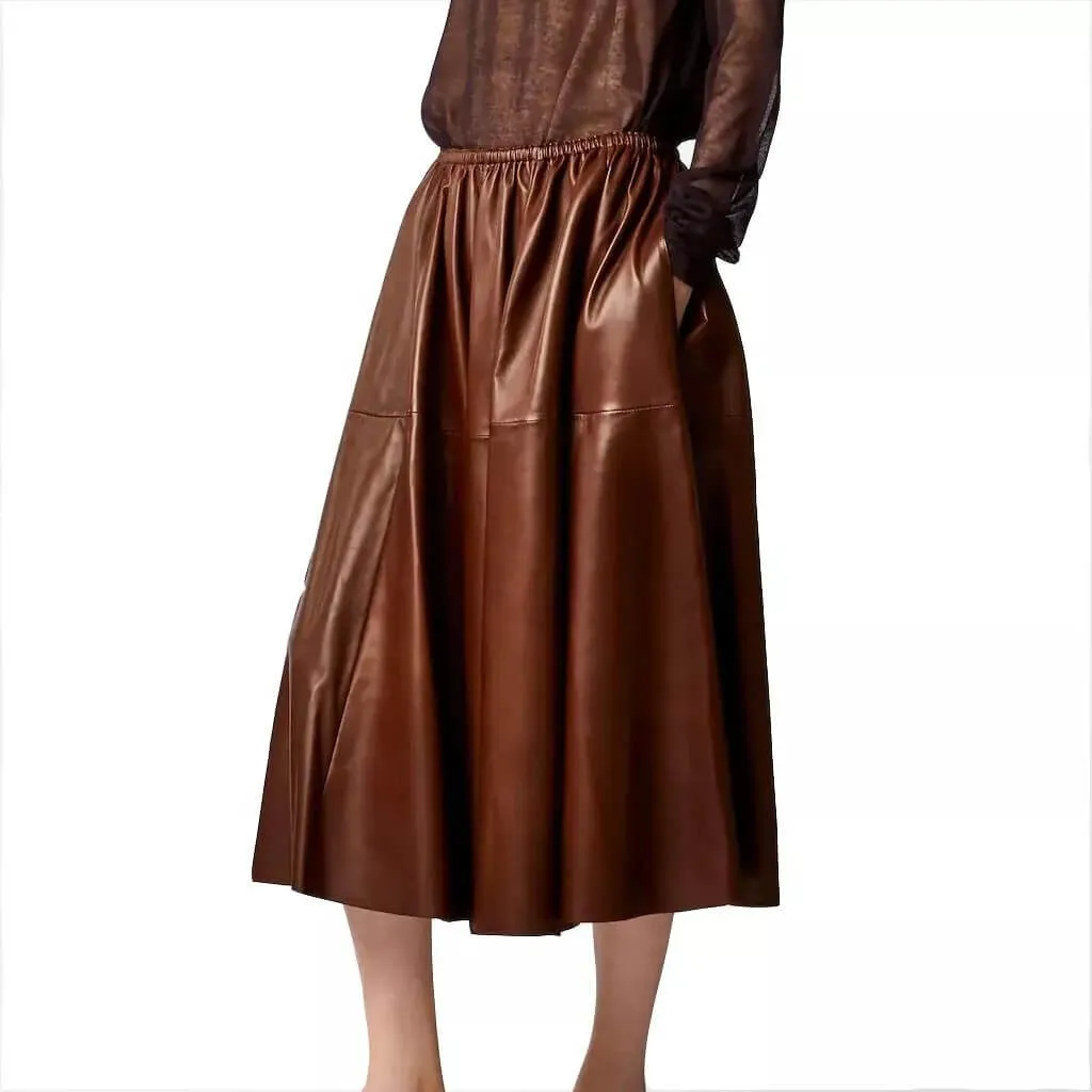 Brown Real Leather A-Line Flare Midi Skirt - Women's Fashion Skirt