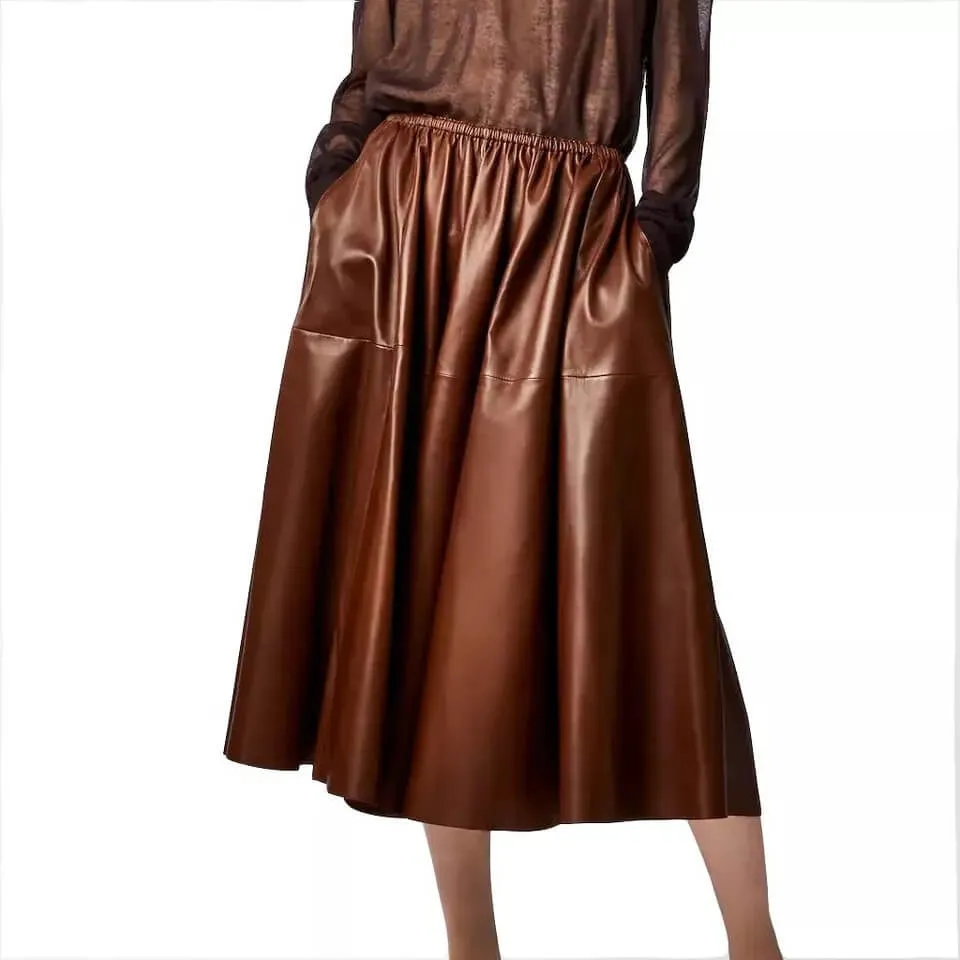 Brown Real Leather A-Line Flare Midi Skirt - Women's Fashion Skirt