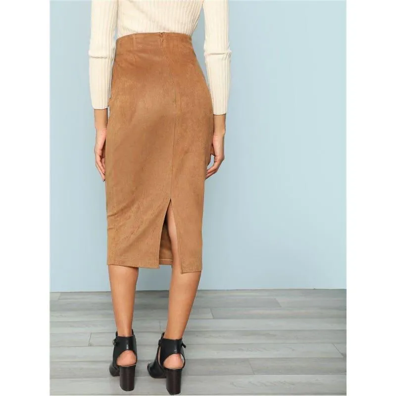 Brown Tie Waist Bodycon Zip Back Mid-Calf Wrap Knot Back Split Pencil Midi Skirt