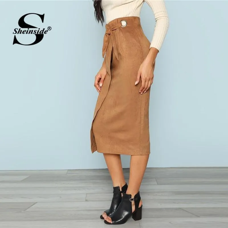 Brown Tie Waist Bodycon Zip Back Mid-Calf Wrap Knot Back Split Pencil Midi Skirt