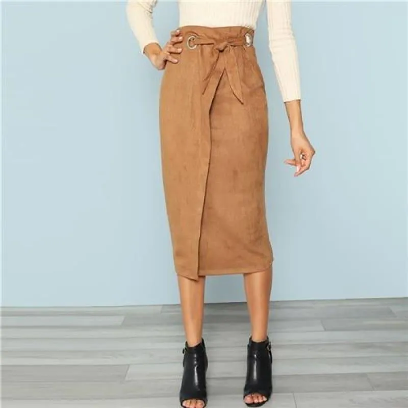 Brown Tie Waist Bodycon Zip Back Mid-Calf Wrap Knot Back Split Pencil Midi Skirt