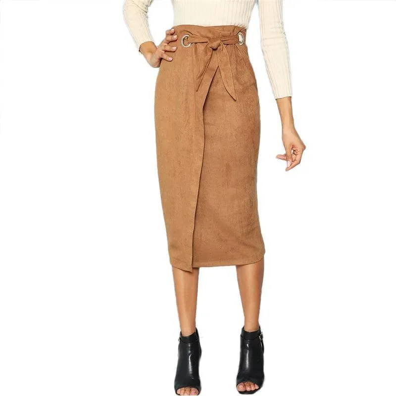 Brown Tie Waist Bodycon Zip Back Mid-Calf Wrap Knot Back Split Pencil Midi Skirt