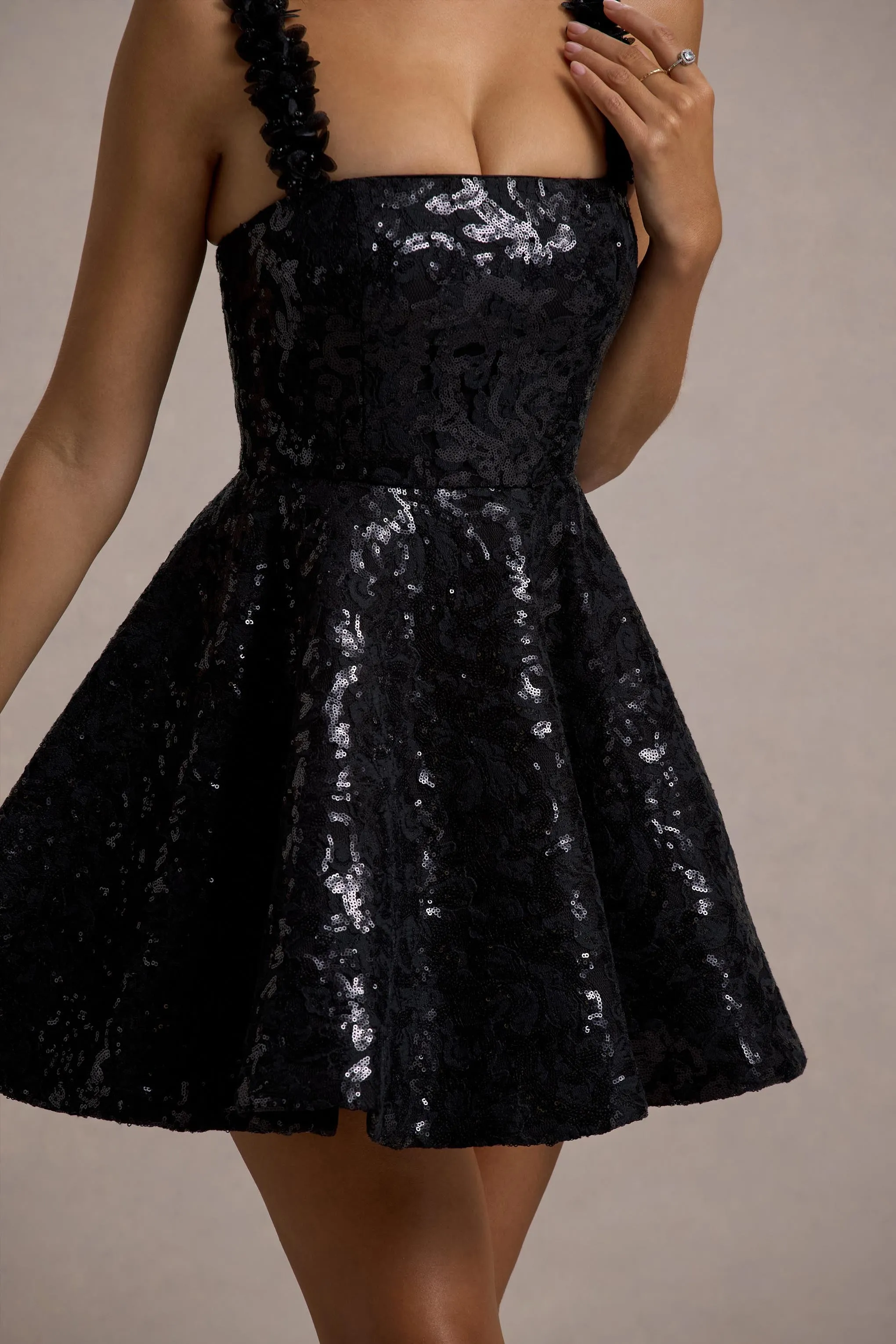 Carena | Black Sequin Lace Floral Skater Mini Dress