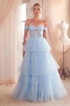 CD 9315 - Off the Shoulders A-Line Prom Gown with Sheer Corset Bodice & Layered Pleated Tulle Skirt