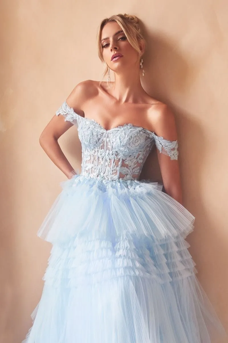 CD 9315 - Off the Shoulders A-Line Prom Gown with Sheer Corset Bodice & Layered Pleated Tulle Skirt