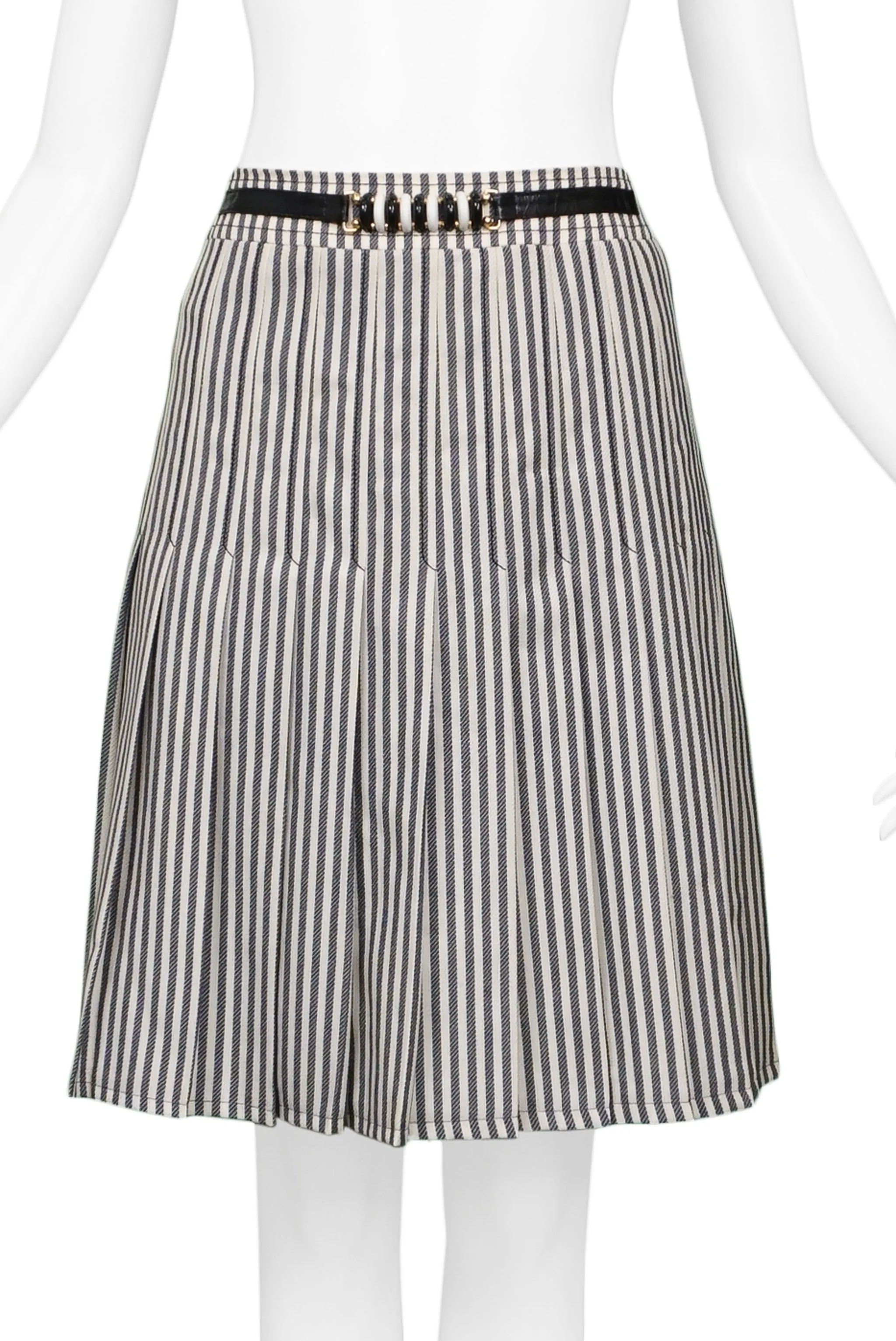 CELINE BLACK & WHITE STRIPE BOX PLEAT SKIRT WITH HARDWARE