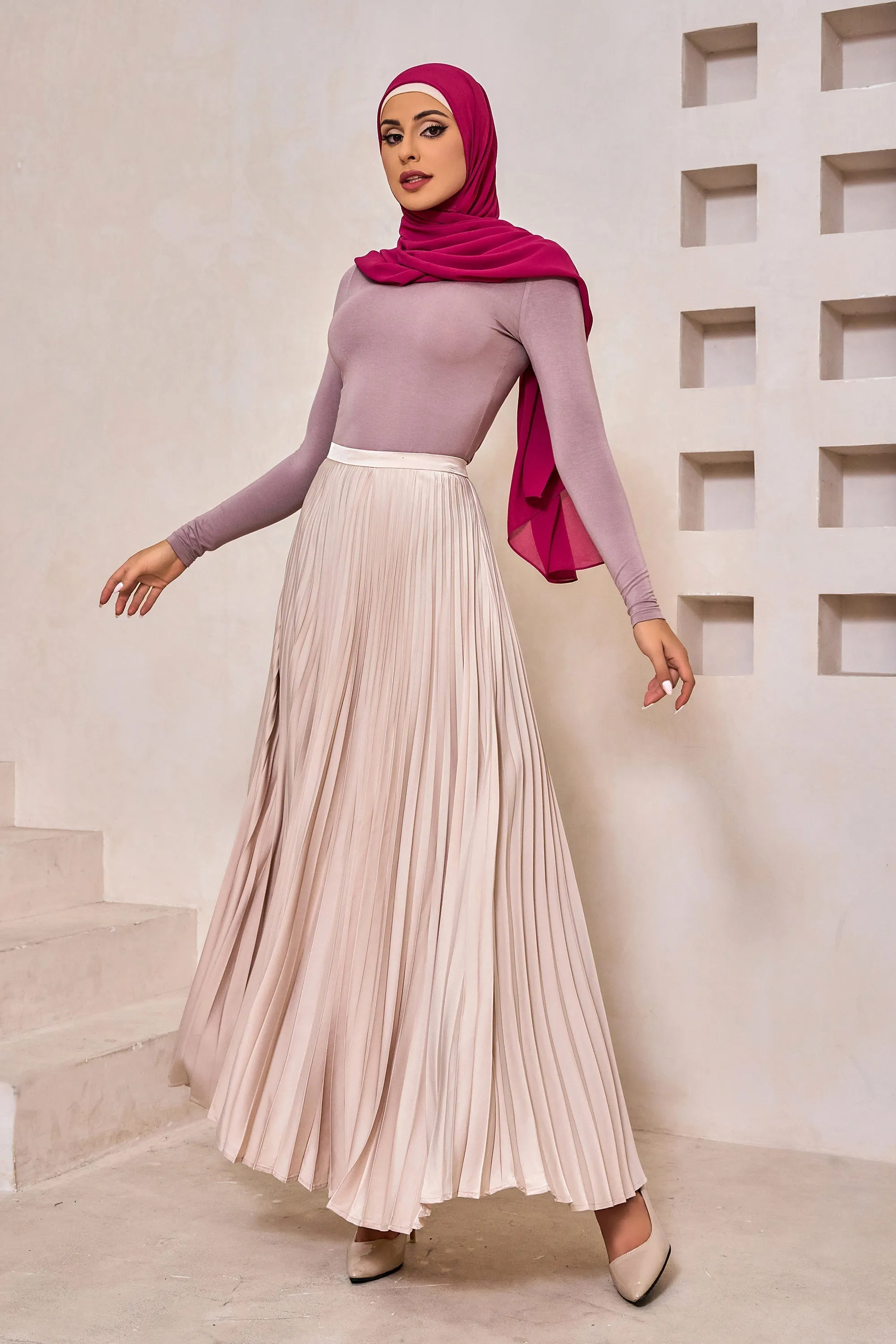 Champagne Satin Pleated Maxi Skirt-CLEARANCE