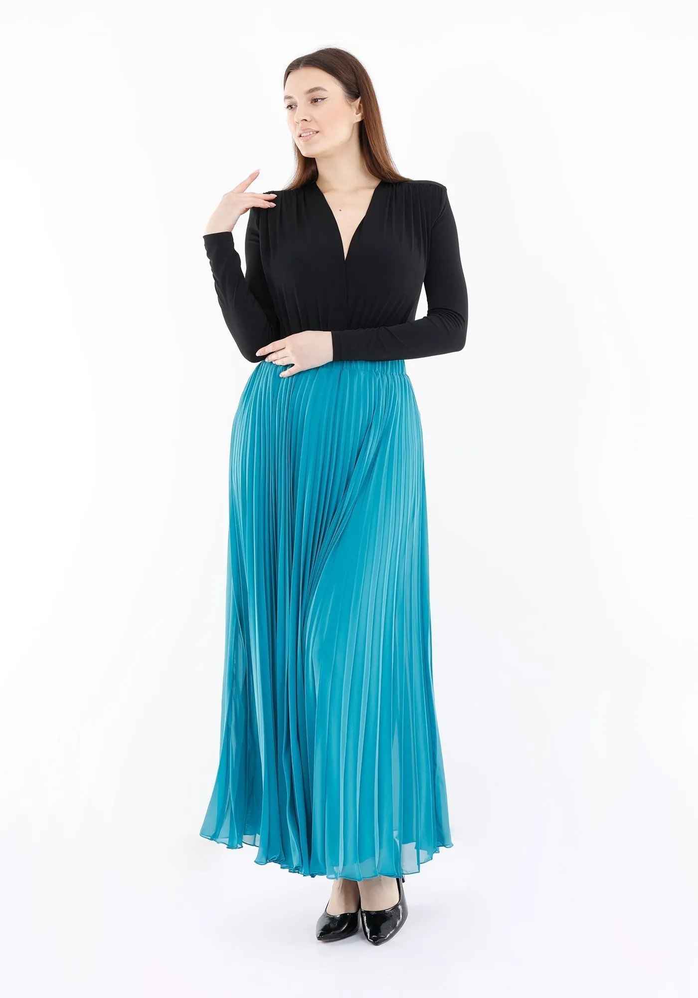 Chiffon Pleated Maxi Skirt with Elastic Waist Band