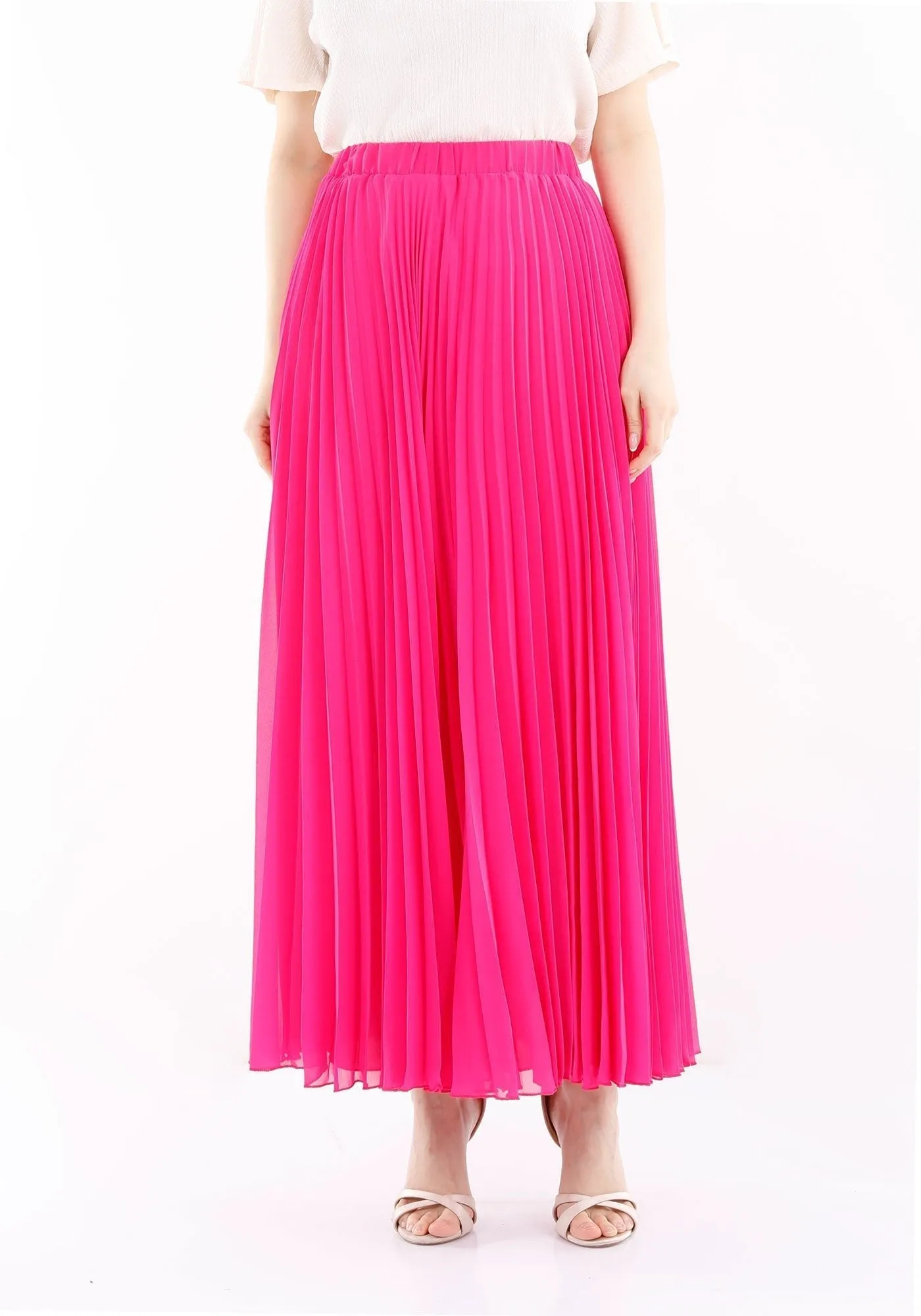 Chiffon Pleated Maxi Skirt with Elastic Waist Band