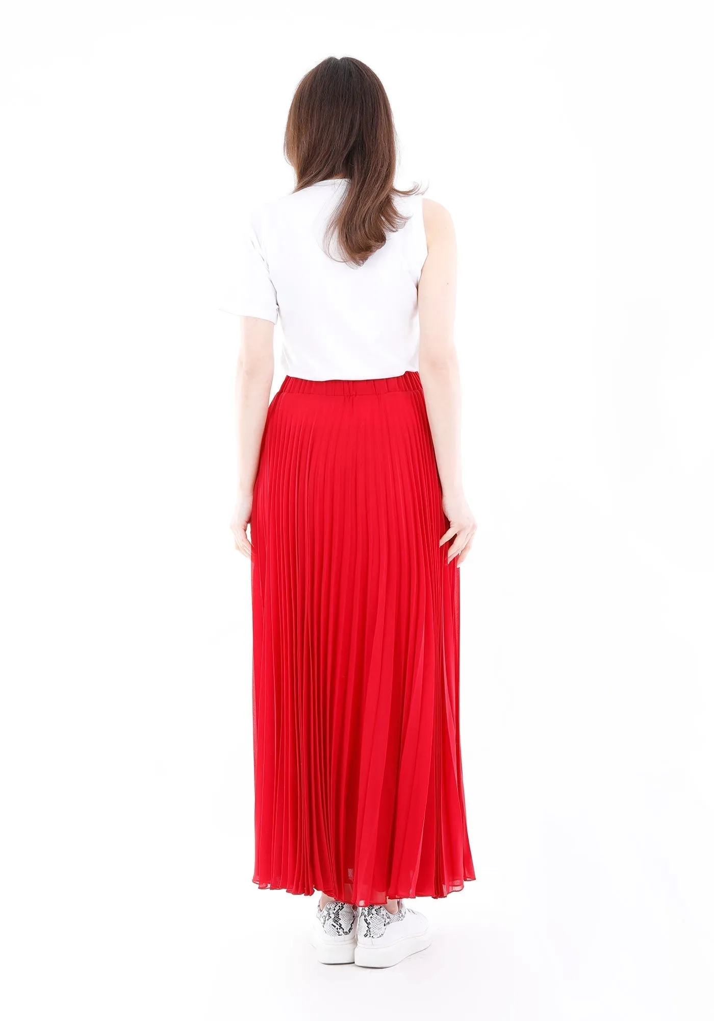 Chiffon Pleated Maxi Skirt with Elastic Waist Band