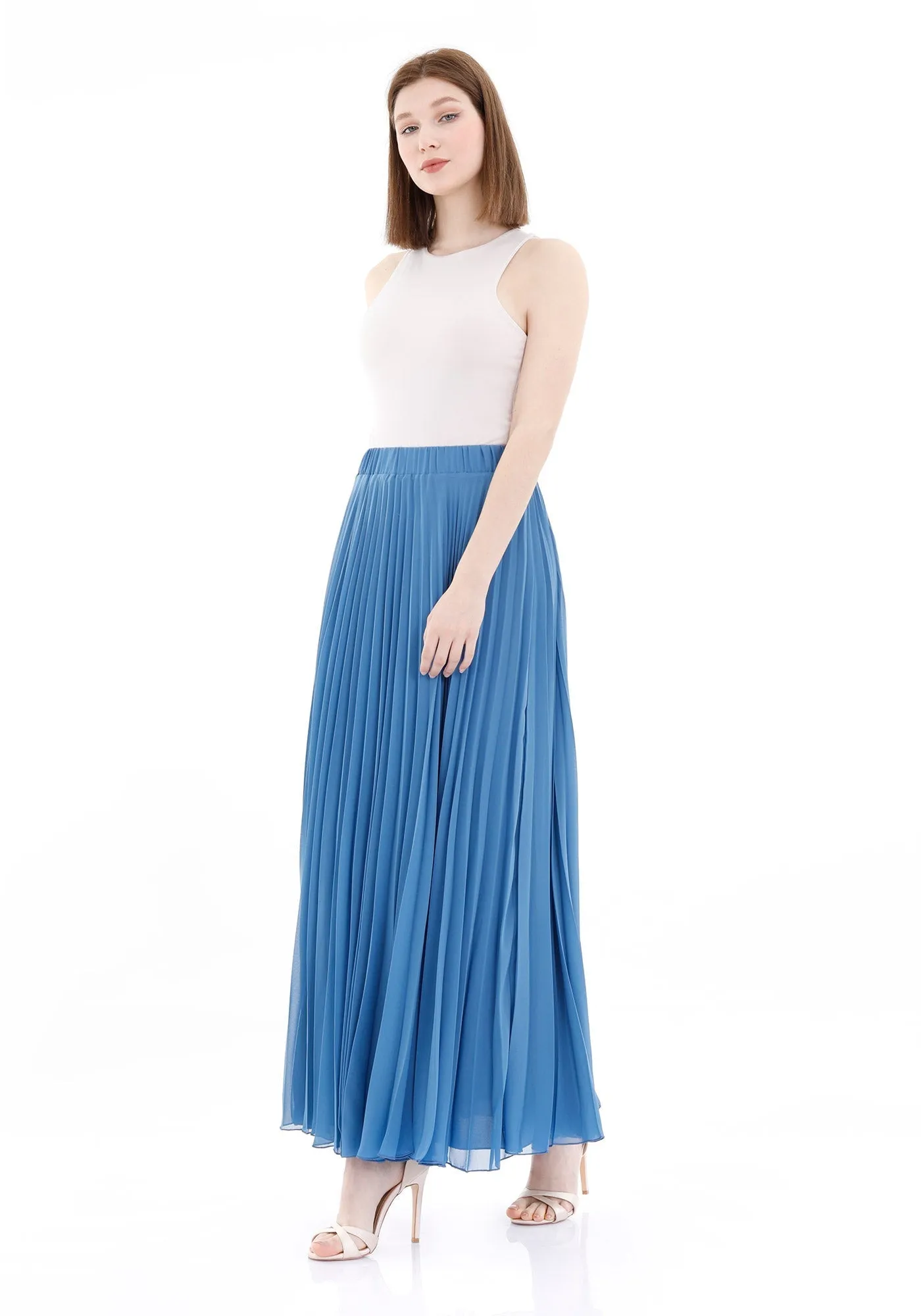 Chiffon Pleated Maxi Skirt with Elastic Waist Band