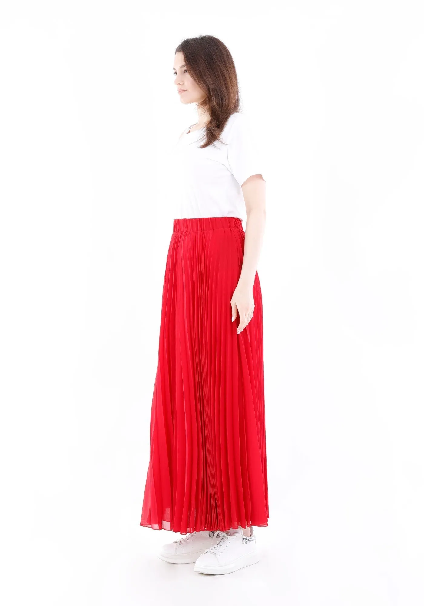 Chiffon Pleated Maxi Skirt with Elastic Waist Band