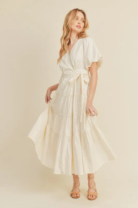 Cream Puff Sleeve Tiered Midi Wrap Dress