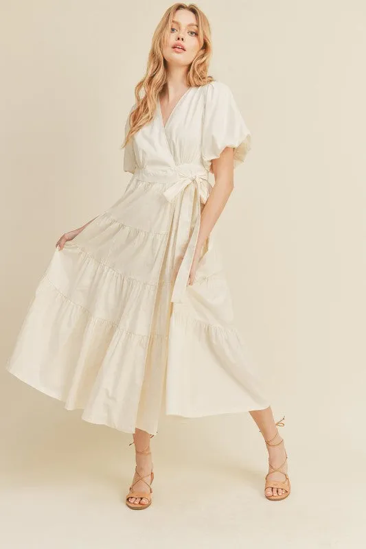 Cream Puff Sleeve Tiered Midi Wrap Dress