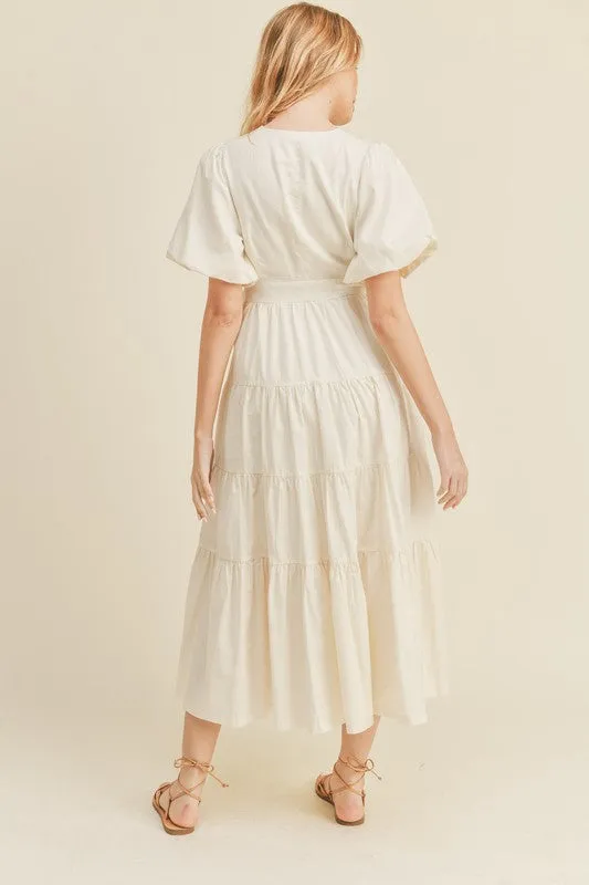 Cream Puff Sleeve Tiered Midi Wrap Dress