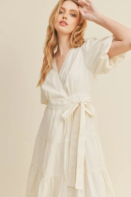 Cream Puff Sleeve Tiered Midi Wrap Dress