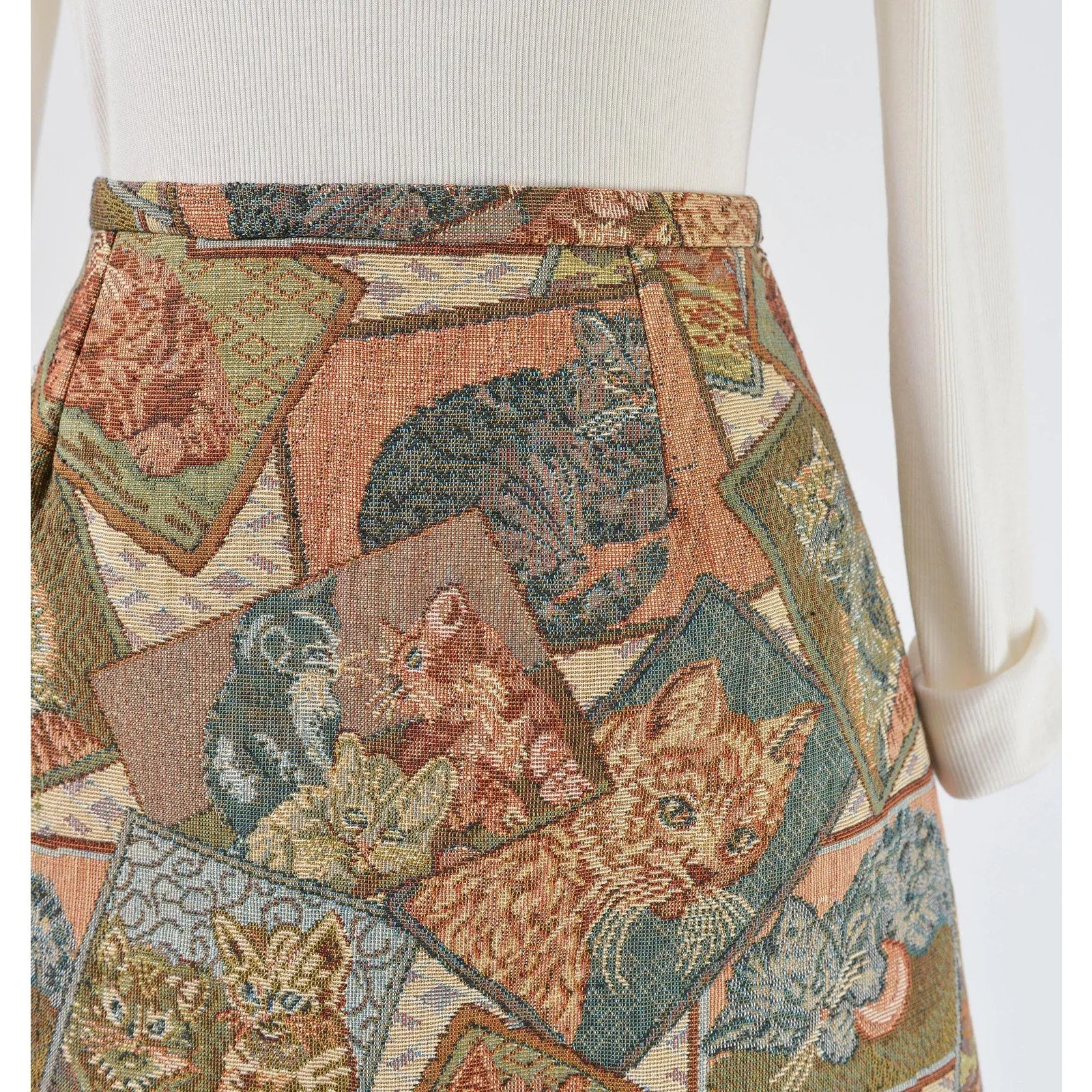 Cute Cat Tapestry Skirt High Waisted A-line Mini Skirt made from Vintage Fabric size Small