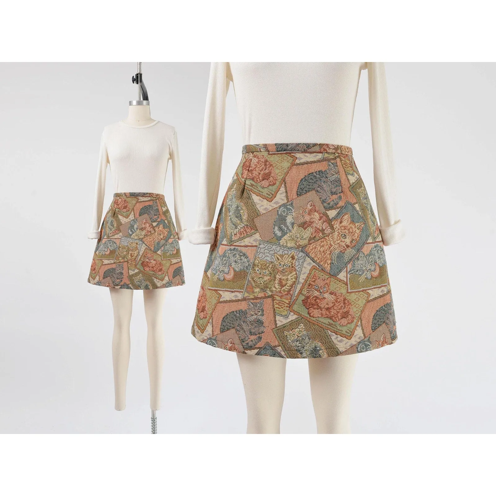 Cute Cat Tapestry Skirt High Waisted A-line Mini Skirt made from Vintage Fabric size Small