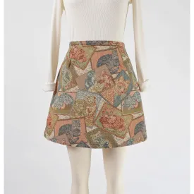 Cute Cat Tapestry Skirt High Waisted A-line Mini Skirt made from Vintage Fabric size Small