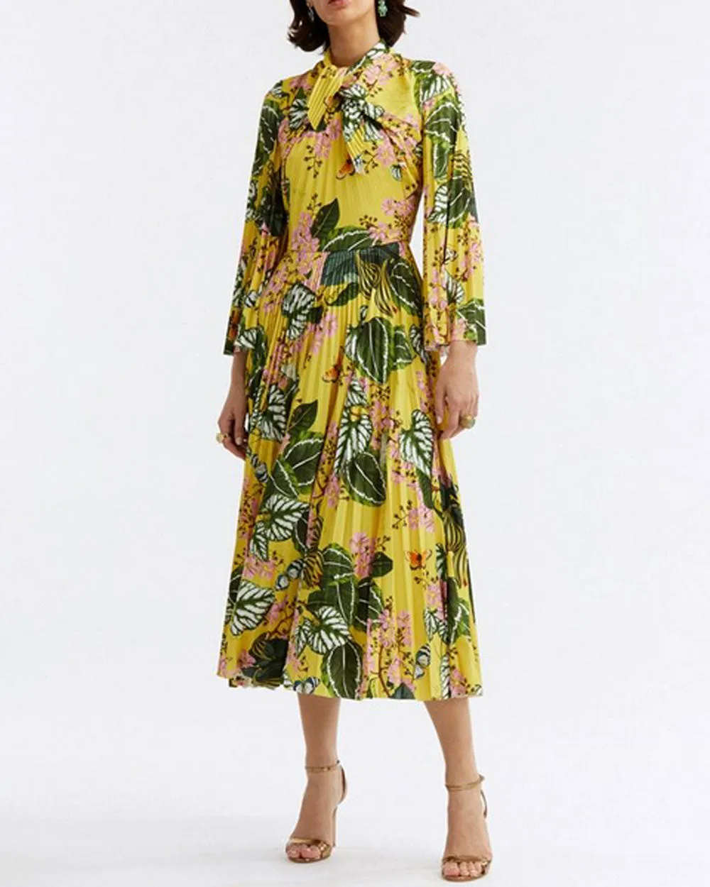 Daffodil Mixed Botanical Pleated Midi Dress